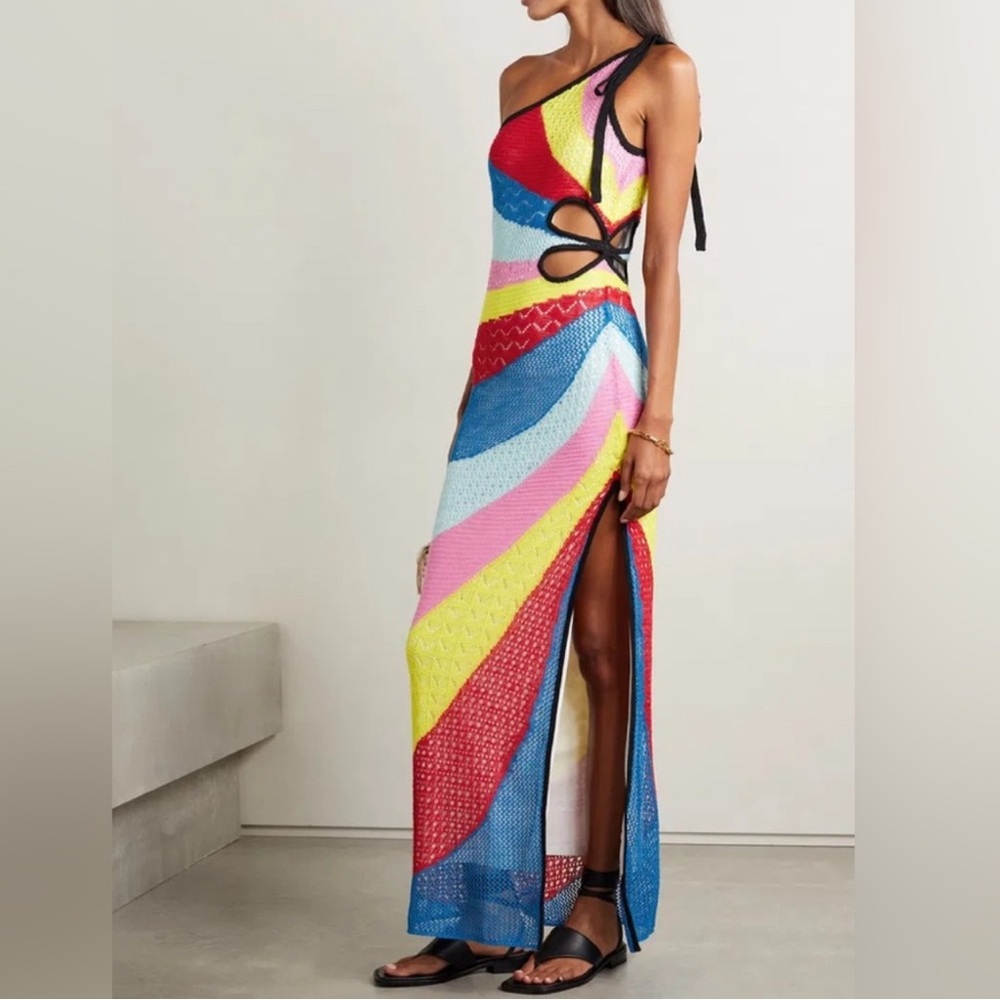 Staud Alpes One Shoulder Cutout Rainbow Crochet Knit Dress